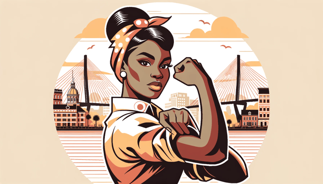 DALL·E 2023-10-21 23.16.30 - Background Image_ A detailed vector-style illustration capturing the confident Black woman with a short ponytail, inspired by Rosie the Riveter. She i